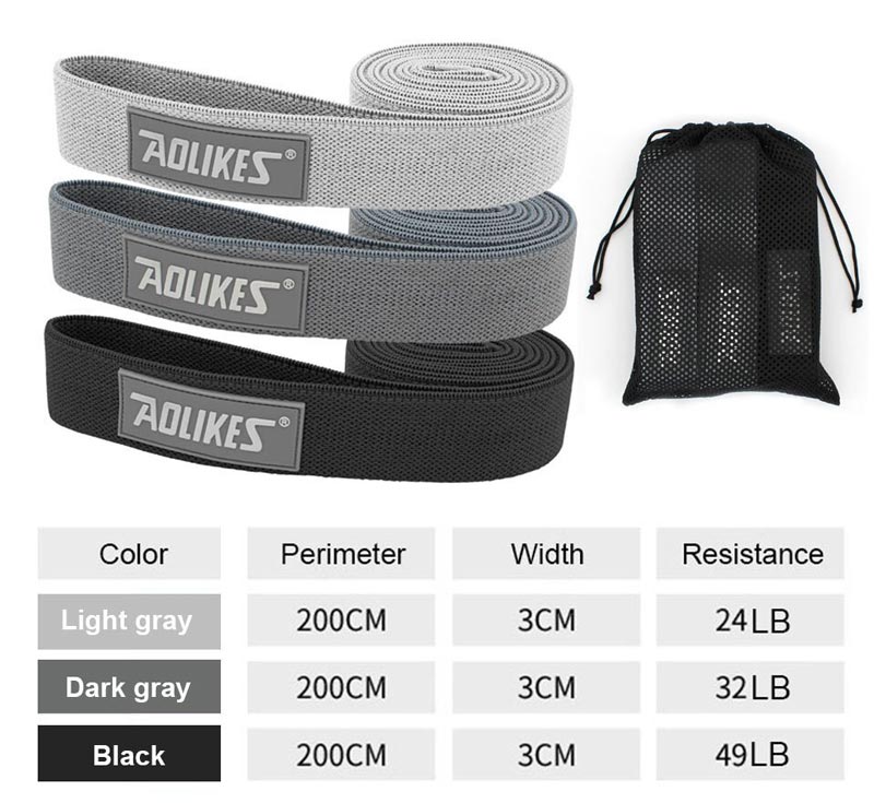 Bộ 3 dây kháng lực tập gym, yoga vải mềm chống xoắn Aolikes dài 208cm (Ghi/Xám/Đen) - Thông số chi tiết