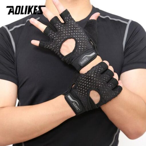 Bộ đôi găng tay tập gym, thể thao hở ngón Aolikes AL113 - Màu đen